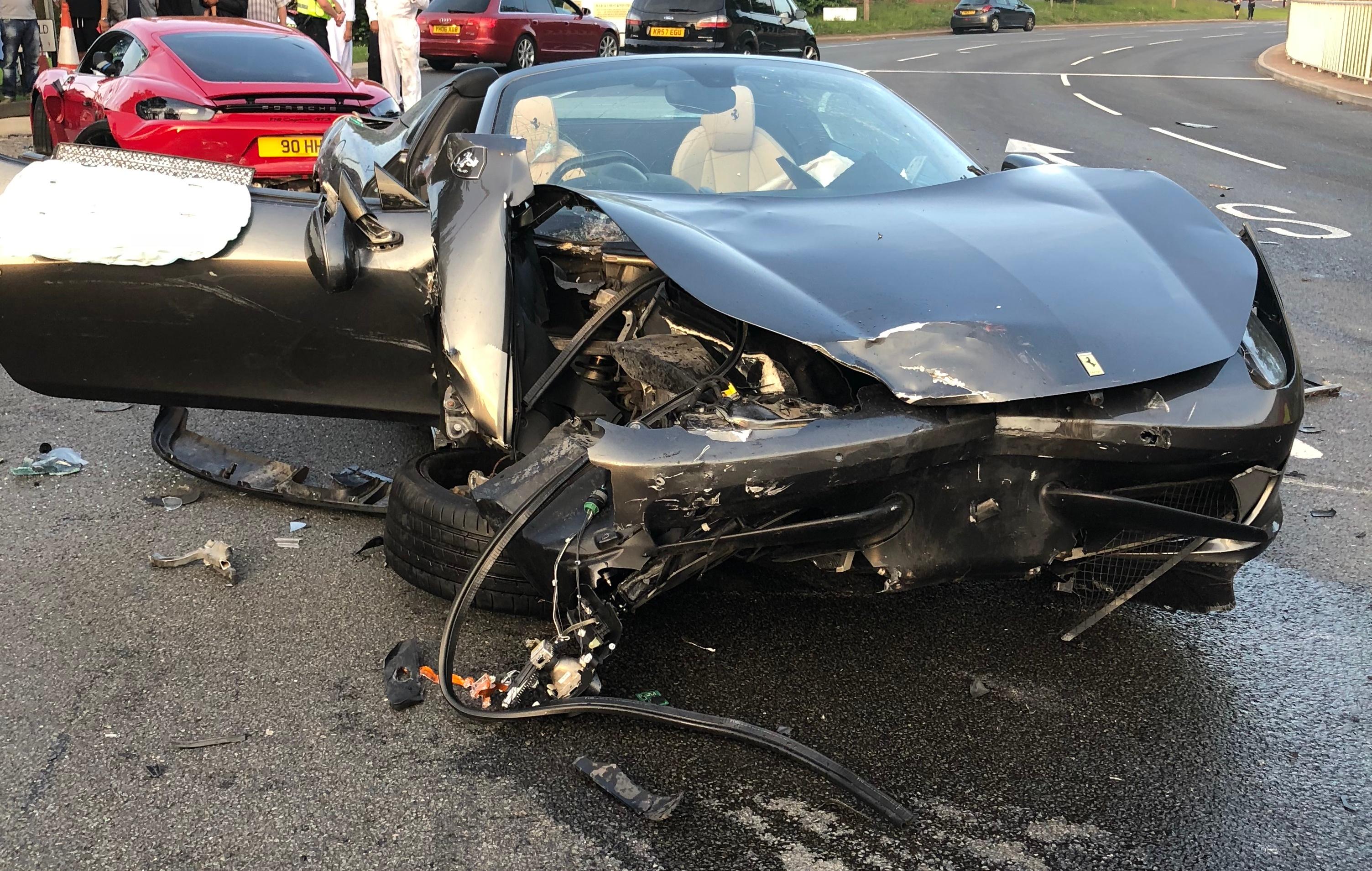 The aftermath of a crash involving two supercars at Tinsley roundabout in Sheffield
