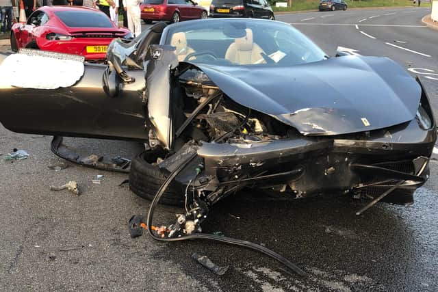 The aftermath of a crash involving two supercars at Tinsley roundabout in Sheffield