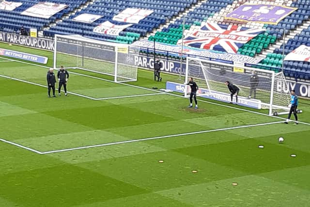 Declan Rudd warms up alongside PNE’s goalkeepers this afternoon.