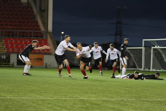 Tom Lang celebrates after scoring the winner for Clyde against East Fife in 2020