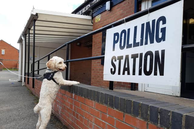 Gino the Cockapoo seems eager to vote at the polling station at Hartlepool United Supporters’ Club earlier on Thursday.  