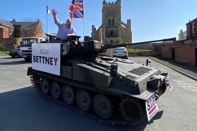 SDP candidate and veteran soldier David Bettney in a tank to publicise his campaign. 