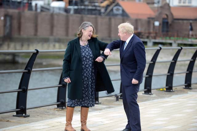 Boris Johnson visits Jackson’s Wharf, Hartlepool bumps elbows with Jill Mortimer the newly elected Hartlepool Conservative MP.