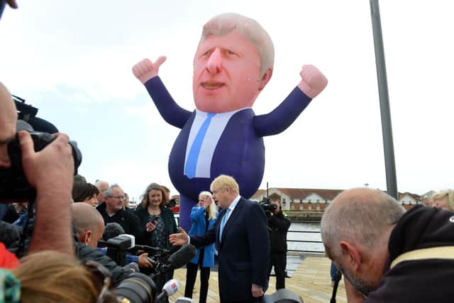 Boris Johnson visits Jackson’s Wharf, Hartlepool, where a giant inflatable doppelganger erected 