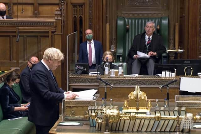 Prime Minister Boris Johnson speaking about the Covid-19 pandemic in the House of Commons, London.