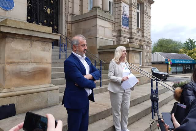 Kirklees Coucnil leader Shabir Pandor and Mayor of West Yorkshire Tracy Brabin address the media on the steps of Dewsbury Town Hall.