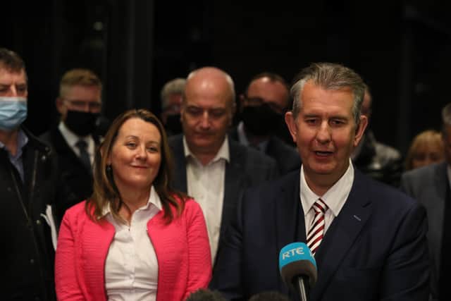 DUP leader Edwin Poots, and Deputy Leader Paula Bradley speak to the media, after leaving the Crowne Plaza Hotel, Belfast on the evening they were ratified leader and deputy leader of the DUP party.