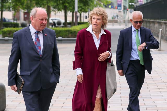 TUV leader Jim Allister, former Labour MP Baroness Hoey and former MEP Ben Habib arrive at the High Court in Belfast to hear the outcome of their joint challenge against the Northern Ireland Protocol. 