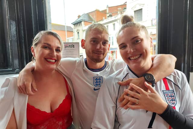 from Southsea and Lauren Smith, 32, from Southsea. Sarah said: 'I'm predicting a 3-1 win for England.'  Lauren said: ‘We're going to win.'