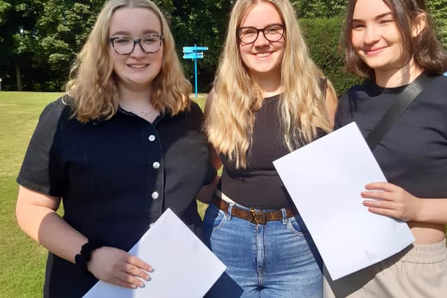 Students Abigail, Lilly and Evie on A-Level results day