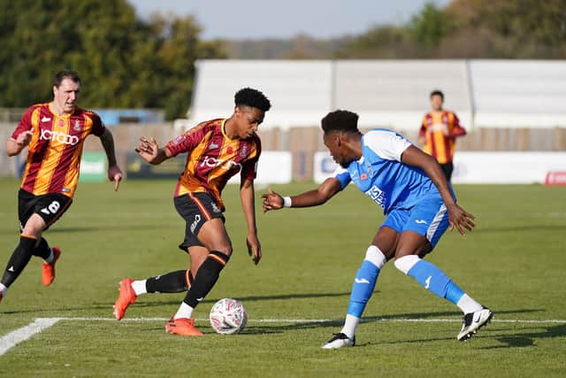 Bradford City’s Bryce Hosannah (centre) takes on Tonbridge Angels’ Kristian Campbell during the FA Cup first round match in January 2020. Picture: Tess Derry/PA