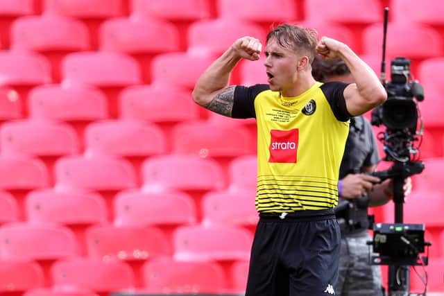 BACK FOR MORE: Jack Diamond  celebrates after he scores oHarrogate Town’s third goal during the National League Play Off Final Picture: Catherine Ivill/Getty Images