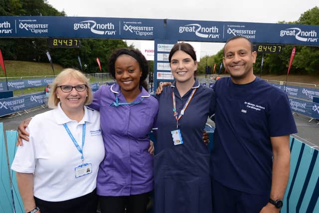 The starters of this year’s Great North Run are four local heroes who went above and beyond to help the community during the pandemic. Pictured (l-r) are Clinical Ergonomics Advisor Debbie Southworth from Gateshead NHS Foundation Trust, Community Nurse Dorathy Oparaeche from Northumbria Healthcare, Charge Nurse Jade Trewick from the RVI Newcastle, and Dr. Mickey Jachuck Consultant Cardiologist from South Tyneside District Hospital