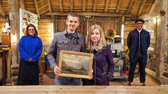 Sheffield couple James and Jenny Halse on The Repair Shop with Jay Blades and Lucia Scalisi, who restored their cherished oil painting which reminds them of their baby boy, Elijah (pic: BBC/Ricochet)