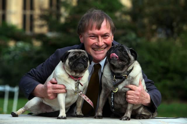 MP David Amess with his pugs, Lily and Boat