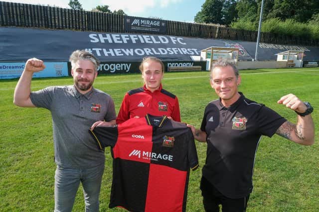 Sheffield FC staff Graham Abercrombie, Richard Sheldon and Olivia Harness.