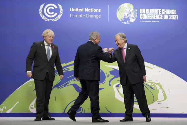 Prime Minister Boris Johnson (left) and UN Secretary-General Antonio Guterres (right) greet Palestinian Prime Minister Mohammad Shtayyeh at the Cop26 summit at the Scottish Event Campus (SEC) in Glasgow. Picture date: Monday November 1, 2021.