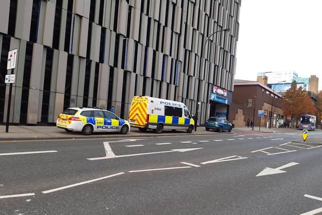 Multiple police vehicles are in the Eyre Street area of Sheffield city centre this afternoon following concerns for the welfare of a woman
