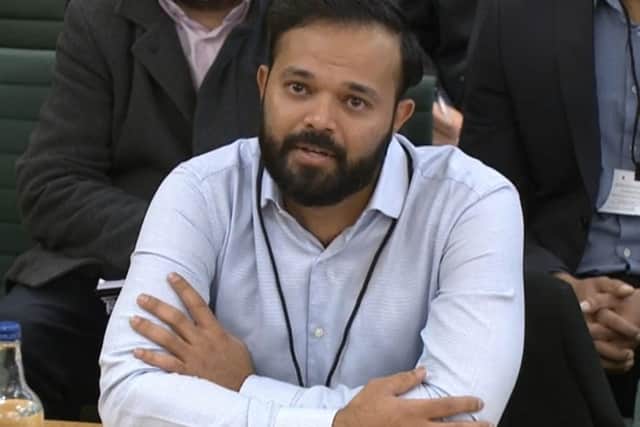 Former cricketer Azeem Rafiq crying as he gives evidence at the inquiry into racism he suffered at Yorkshire County Cricket Club, at the Digital, Culture, Media and Sport (DCMS) committee on sport governance at Portcullis House in London. Picture date: Tuesday November 16, 2021.