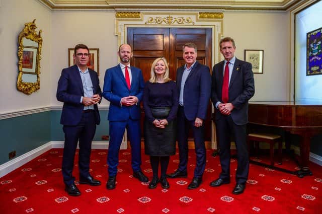 Metro Mayors (left to right) Andy Burnham, Mayor, Greater Manchester, Jamie Driscoll, Mayor, North of Tyne, Tracy Brabin, Mayor, West Yorkshire, Steve Rotherham, Mayor, Liverpool City Region, and Dan Jarvis, MP, Barnsley Central & Mayor, South Yorkshire.