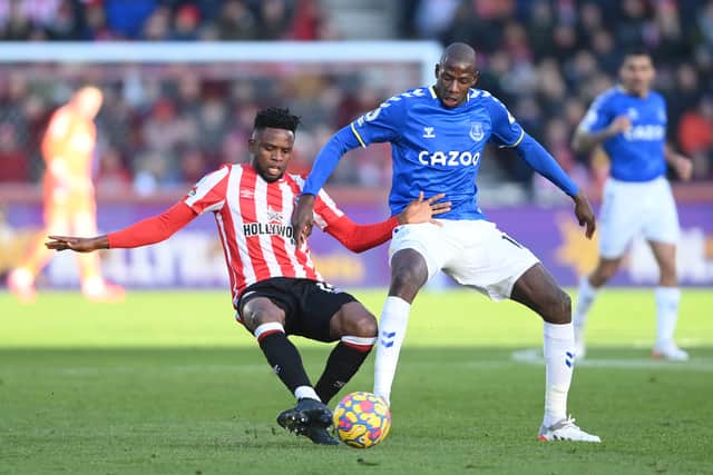Everton midfielder Abdoulaye Doucoure battles for the ball at Brentford. Picture: Mike Hewitt/Getty Images