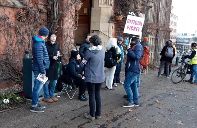 Univerity strike, with pickets at Firth Court