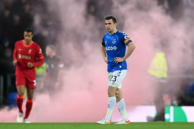 Everton captain Seamus Coleman dejected during the defeat to Liverpool. Picture: Laurence Griffiths/Getty Images