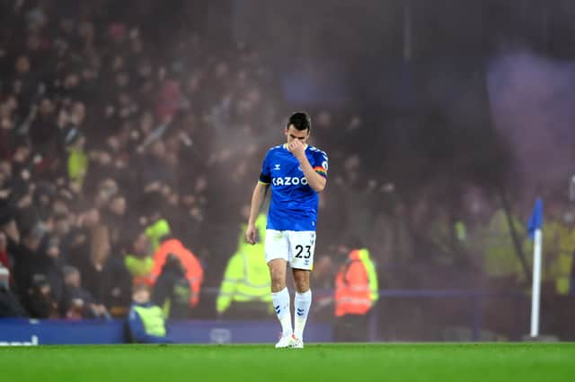 Everton captain Seamus Coleman dejected during his side’s defeat to Liverpool. Picture: Laurence Griffiths/Getty Images