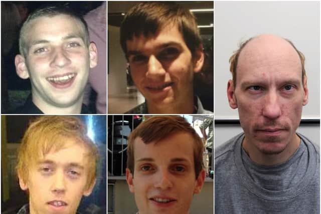 Stephen Port (right) killed four men (from top left clockwise) Jack Taylor, Daniel Whitworth, Gabriel Kovari and Anthony Walgate