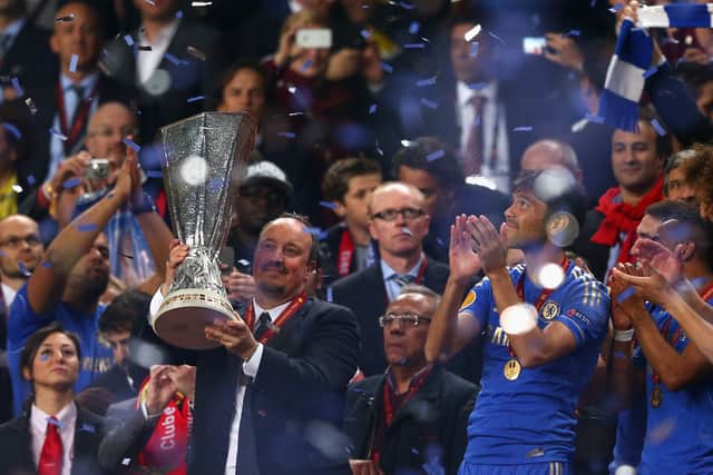 Rafa Benitez lifts the Europa League trophy after guiding Chelsea to success in 2013. Picture: Michael Steele/Getty Images