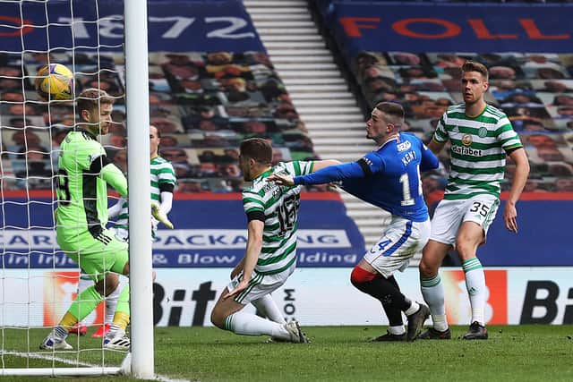 Jonjoe Kenny scores an own goal while on loan at Celtic against Rangers. Picture: an MacNicol/Getty Images