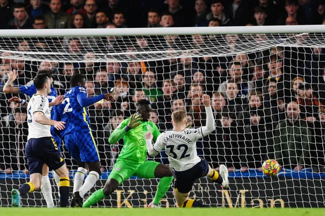 Jarrad Branthwaite nets Everton’s equaliser at Chelsea. Picture: Clive Mason/Getty Images