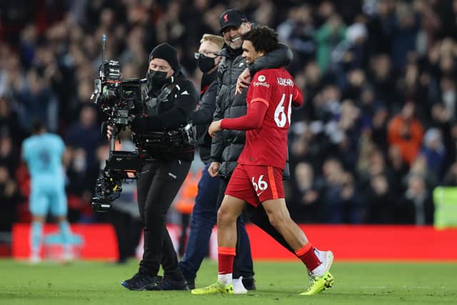 Jurgen Klopp embraces Trent Alexander-Arnold after Liverpool’s defeat of Newcastle. Picture: live Brunskill/Getty Images