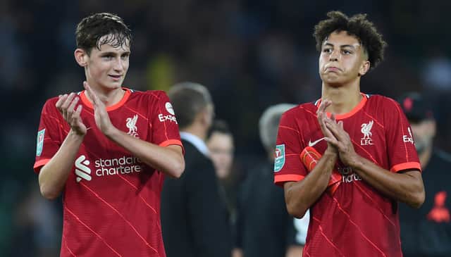 Liverpool youngsters Conor Bradley, left, and Kaide Gordon. Picture: John Powell/Liverpool FC via Getty Images