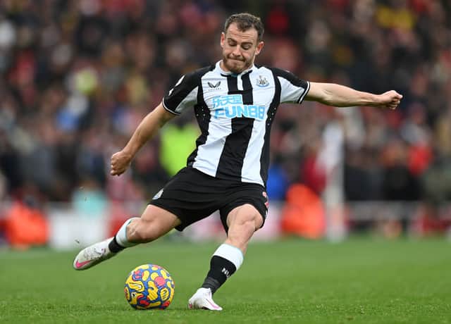 Ryan Fraser of Newcastle United crosses the ball during the Premier League match between Arsenal and Newcastle United at Emirates Stadium. 