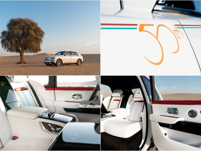 This one-of-a-kind Cullinan was created to mark the UAE’s Golden Jubilee in 2021. The exterior, finished in Crystal over Arctic White, was adorned with a hand-painted double coachline in Hotspur Red and Fame Green and a recreation of the national flag rendered on the C-pillar Motif. The interior, with one-off “50th” treadplates and 50th inlays to the waterfall and tray tables, mirrors the exterior’s colour scheme, with the UAE’s emblem embroidered onto each headrest and a unique green-coloured shooting star in the illuminated headliner.
