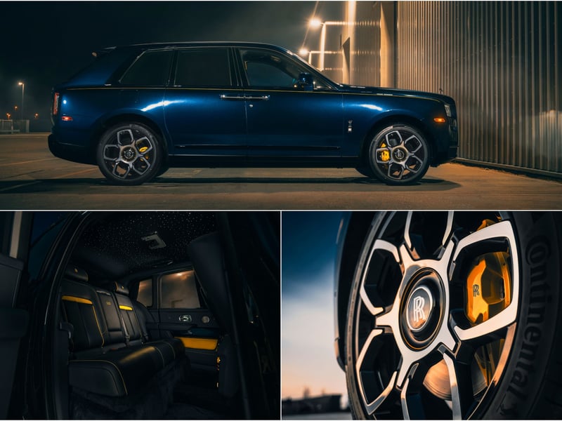 This bespoke take on the Cullinan Black Badge was commissioned by car enthusiasts and endurance racers Ben and Christine Sloss to pay homage to the legendary Pikes Peak hill-climb, one of the couple’s favourite events. Finished in a unique Pikes Peak Blue and combined with flashes of Forge Yellow on the hand-painted coachline, wheel-centre pinstripes and brake callipers, the Black Badge Cullinan carries the colours of the flag of Modena and the livery featured on the couple’s racing cars. Inside each door panel is embroidered with Mrs. Sloss’ personal racing logo – a stylized stiletto.