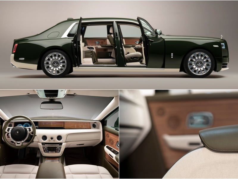 The Phantom Oribe is a collaboration between Rolls-Royce and fashion house Hermès to create a one-off car for Japanese entrepreneur Yusaku Maezawa. The car features a two-tone exterior finish, inspired by the client’s collection of ancient Japanese ceramics - Oribe ware - and the paint has also been made available for use on the client’s private jet. The interior is finished in Hermès Enea Green leather with Hermès ‘Toile H’ canvas on the door armrests, centre and rear consoles and headliner. The car’s “Gallery” fascia features a handpainted artwork based on a design by French artist Pierre Péron, who created many of Hermès’ iconic scarves.
