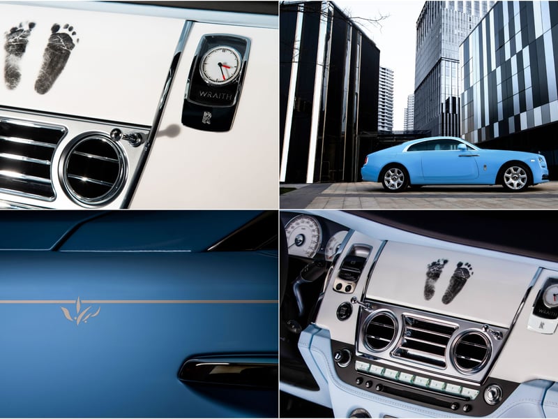 This unique take on the two-door Wraith coupe was created for a Shanghai-based client who wanted to reflect her growing family and her love of the coast. Finished in Pebble Paradiso blue, the car features a hand-painted coachline in Seashell with an orchid motif. Inside, the cabin in finished in Charles Blue and Seashell leather and an artwork featuring a baby girl’s footprints is depicted on the Piano White monitor lid, a tribute to the client’s long sought-after bundle of joy. The bespoke Starlight Headliner continues the celebration with a personalised constellation paying tribute to her daughter.