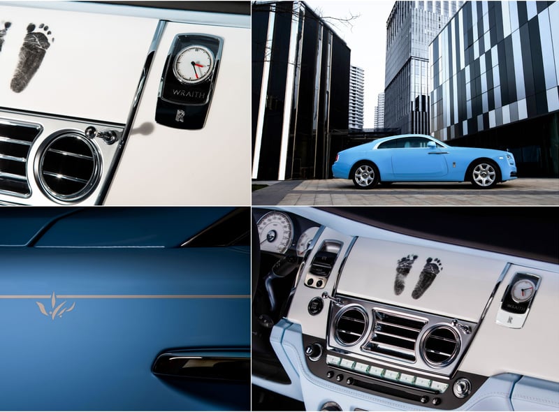 This unique take on the two-door Wraith coupe was created for a Shanghai-based client who wanted to reflect her growing family and her love of the coast. Finished in Pebble Paradiso blue, the car features a hand-painted coachline in Seashell with an orchid motif. Inside, the cabin in finished in Charles Blue and Seashell leather and an artwork featuring a baby girl’s footprints is depicted on the Piano White monitor lid, a tribute to the client’s long sought-after bundle of joy. The bespoke Starlight Headliner continues the celebration with a personalised constellation paying tribute to her daughter.