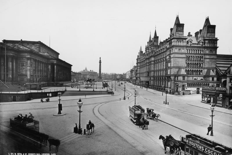  A view of St George’s Hall (left) and the London and North Western Railway Hotel (right) on Lime Street, with Wellington’s Column in the background. 