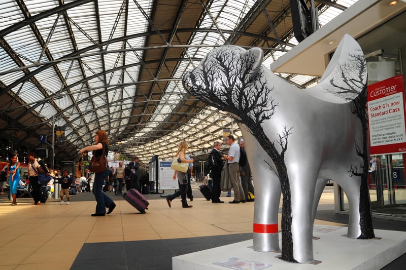 A ‘Superlambananatree’ arrives in Lime Street Station as part of the European Capital of Culture celebrations. Designed by Japanese artist Taro Chievo. 