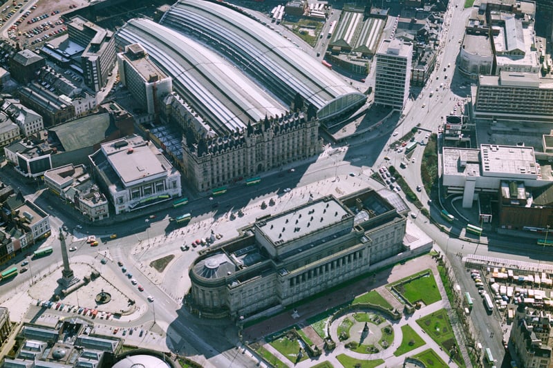 St George’s Hall, St John’s Gardens and Lime Street Railway Station viewed from above.