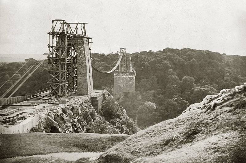 Photograph from 1863 showing the partially-built structure of the bridge spanning the Avon Gorge in Bristol.  The strength of the structure was tested by spreading 500 tons of stone over the bridge. (Henry Guttmann Collection/Hulton Archive/Getty Images)