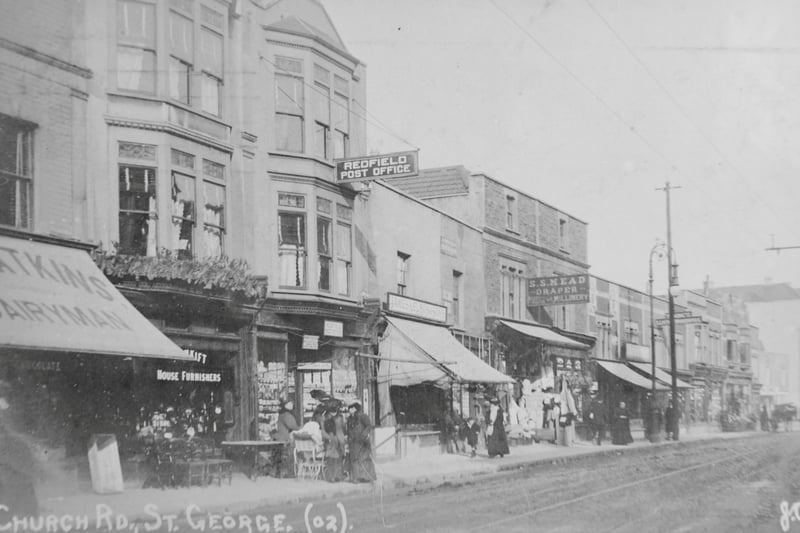 Post office, draper and dairy shop line Church Road in St George. Trams were kept at a depot in Beaconsfield Road, St George.