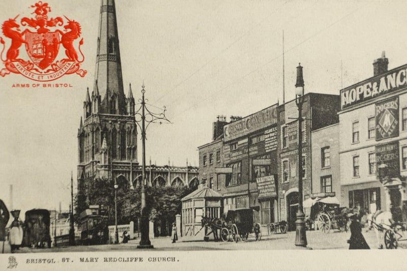 View of St Mary Redcliffe Church, looking down Redcliff Hill. The Hope and Anchor can be seen on the right. In the 1881 census, eight people were living at the pub including licensed victualler John Smith.
