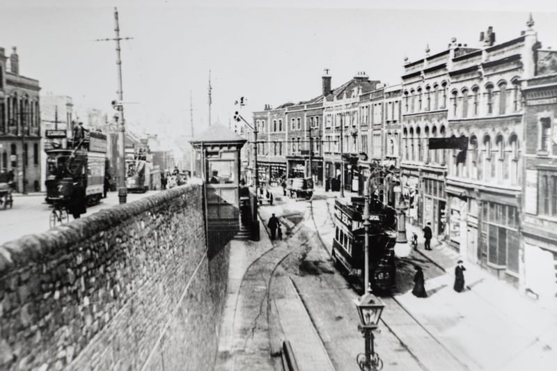 A tram goes down Colston Street while Upper Maudlin Street, which leads to Park Row can be seen on the left. 