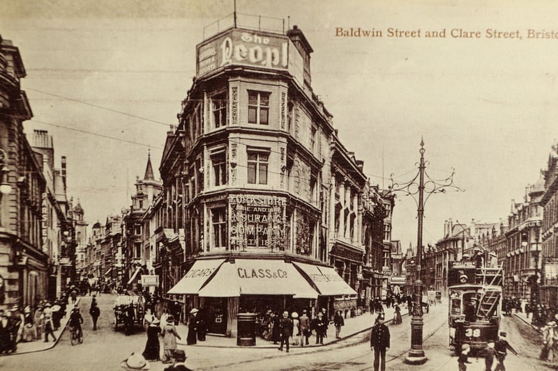 The junction of Baldwin Street and Clare Street in Bristol city centre - the building in the centre remains with a coffee shop at its shop level today, while Baldwin Street was recently closed to normal traffic.