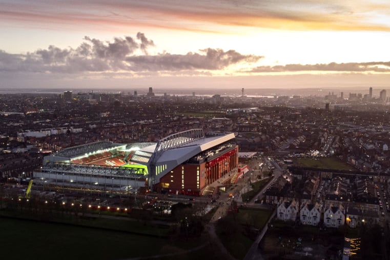 The new Anfield stand certainly imposes itself upon the surrounding buildings, yet reaches just 54 metres tall.