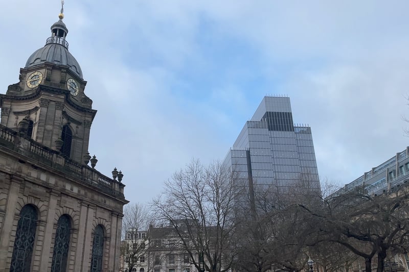 St. Phillip’s Cathedral in Birmingham city centre is surrounded by buildings but appears slightly lighter than red due to the trees in Cathedral Square also knownas Pigeon Park. It is 0.394 degrees cooler than Smithfield.(Photo - Local TV)